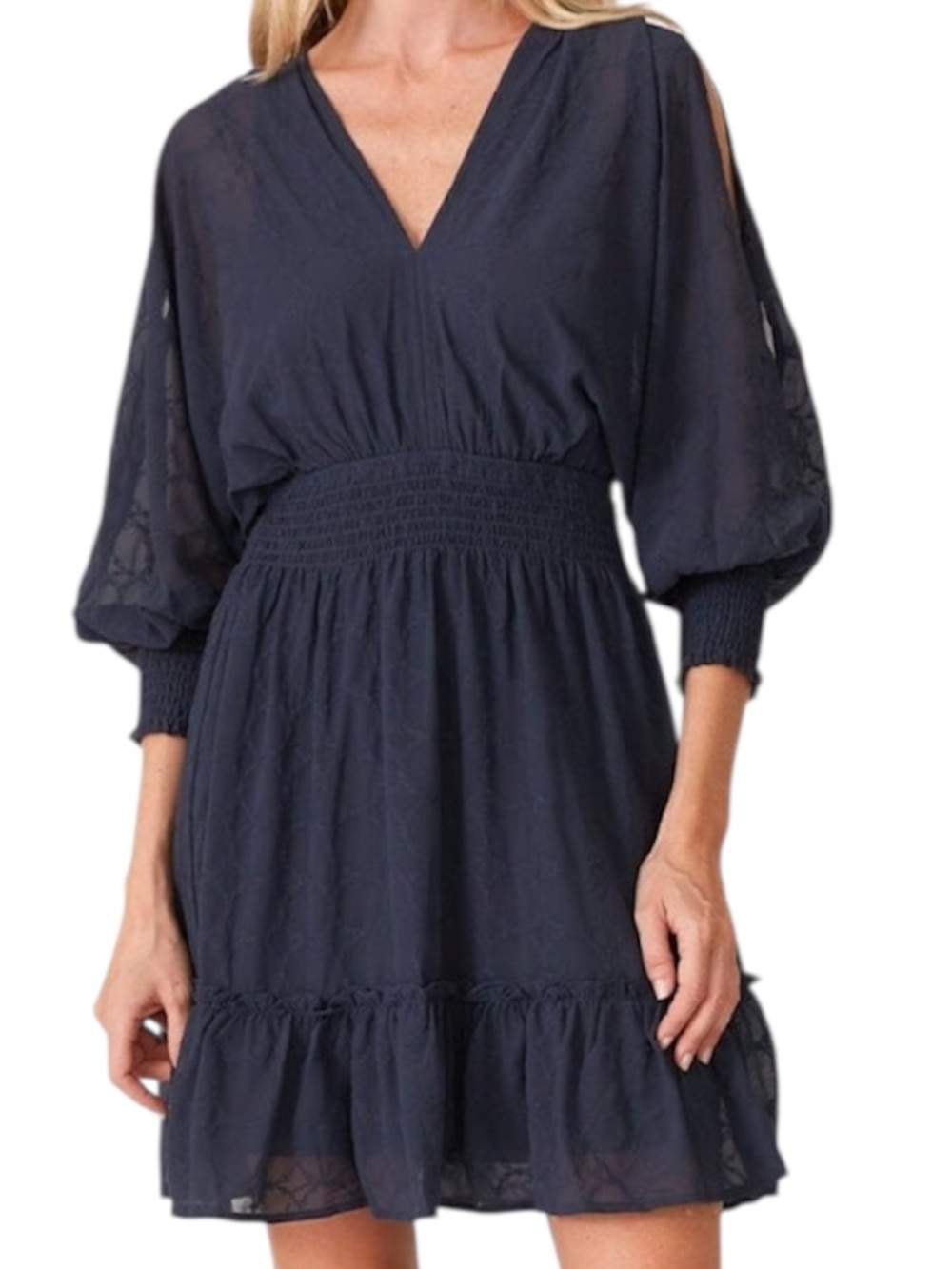 lovestitch Becca Split Sleeve Bohemian Mini Dress - Navy Blue Size M